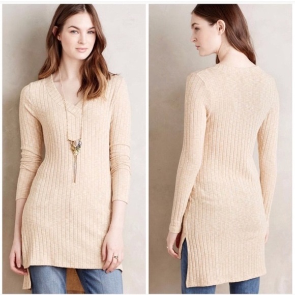 Anthropologie Tops - Anthropologie Deletta Ribbed V-Neck High Low Knit Tunic